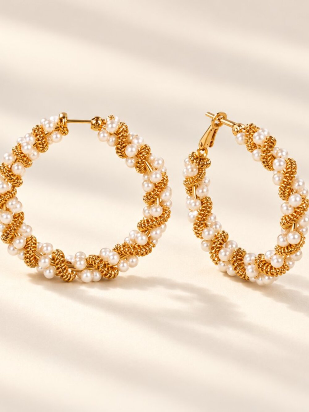 Large Gold Tone White Beaded Twisted Hoop Earrings